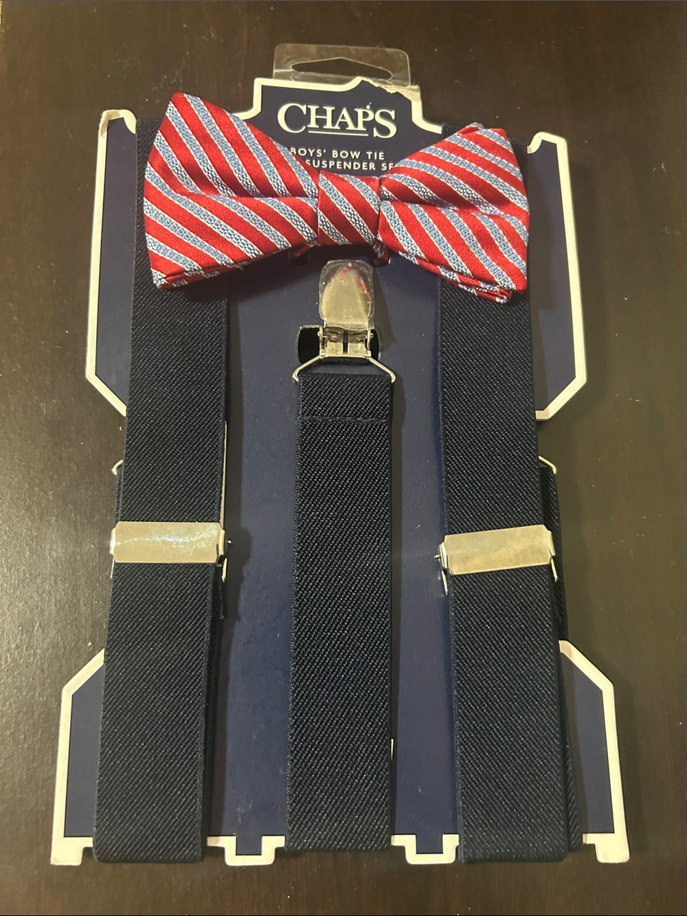 Boys Chaps Red Striped Bow Tie with Navy Suspenders